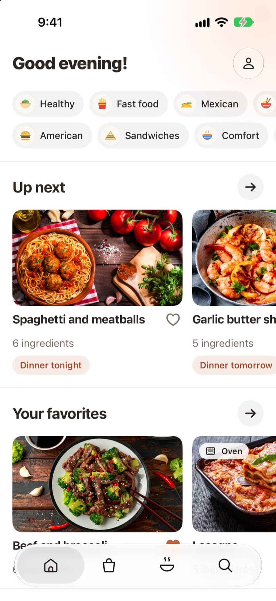 Easybee's Home screen with dinner ideas for tonight